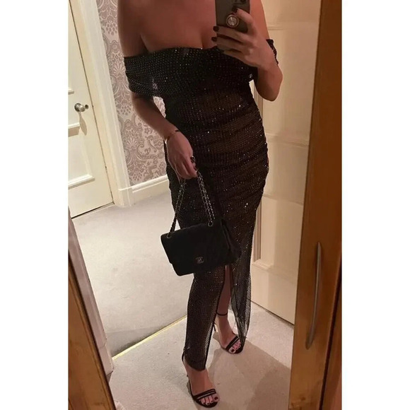 SELF-PORTRAIT Embellished Mesh Off-shoulder Black Dress Gown Cocktail Sz 0 - Picture 8 of 16